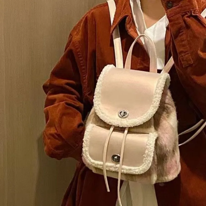 Retro Plush Soft Leather Backpack Plaid Preppy Style Large Capacity Daypack Ladies Commuter Woolen Patchwork Mochilas Mujer 2025 view 2