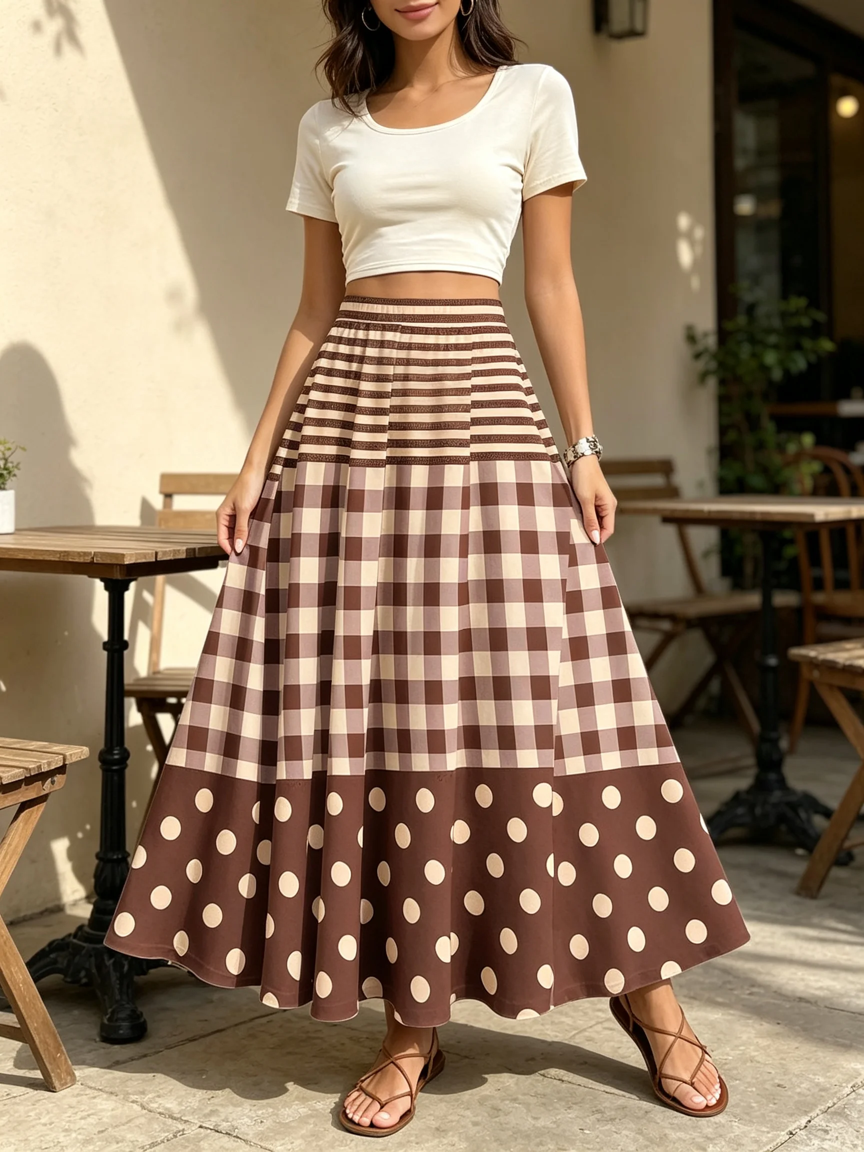 Plus Size Women'S Elegant Fashion Skirt, Casual Printed Midi Dress, Brown Striped Plaid Polka Dot Pattern