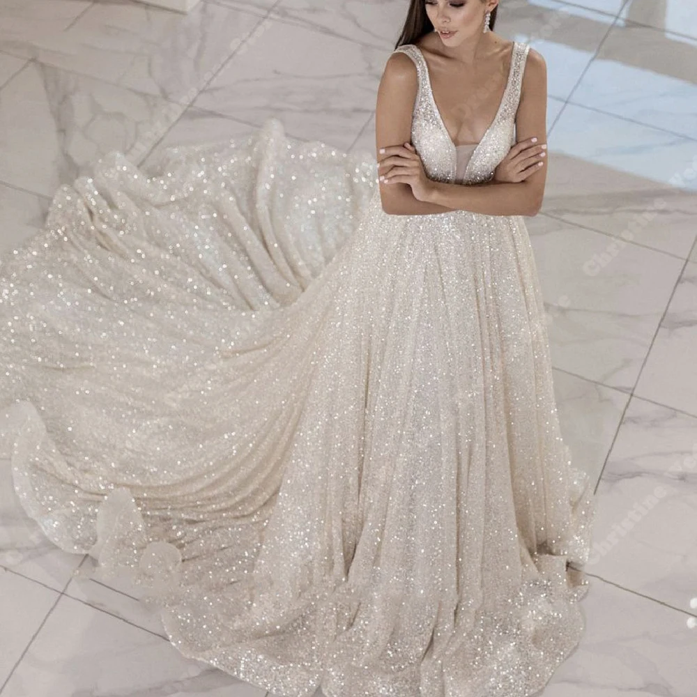 Vestidos De novia con cuello en V profundo para mujer, De línea a Vestidos De novia, brillo hermoso, longitud De trapeado, Princesa, Vestidos De compromiso