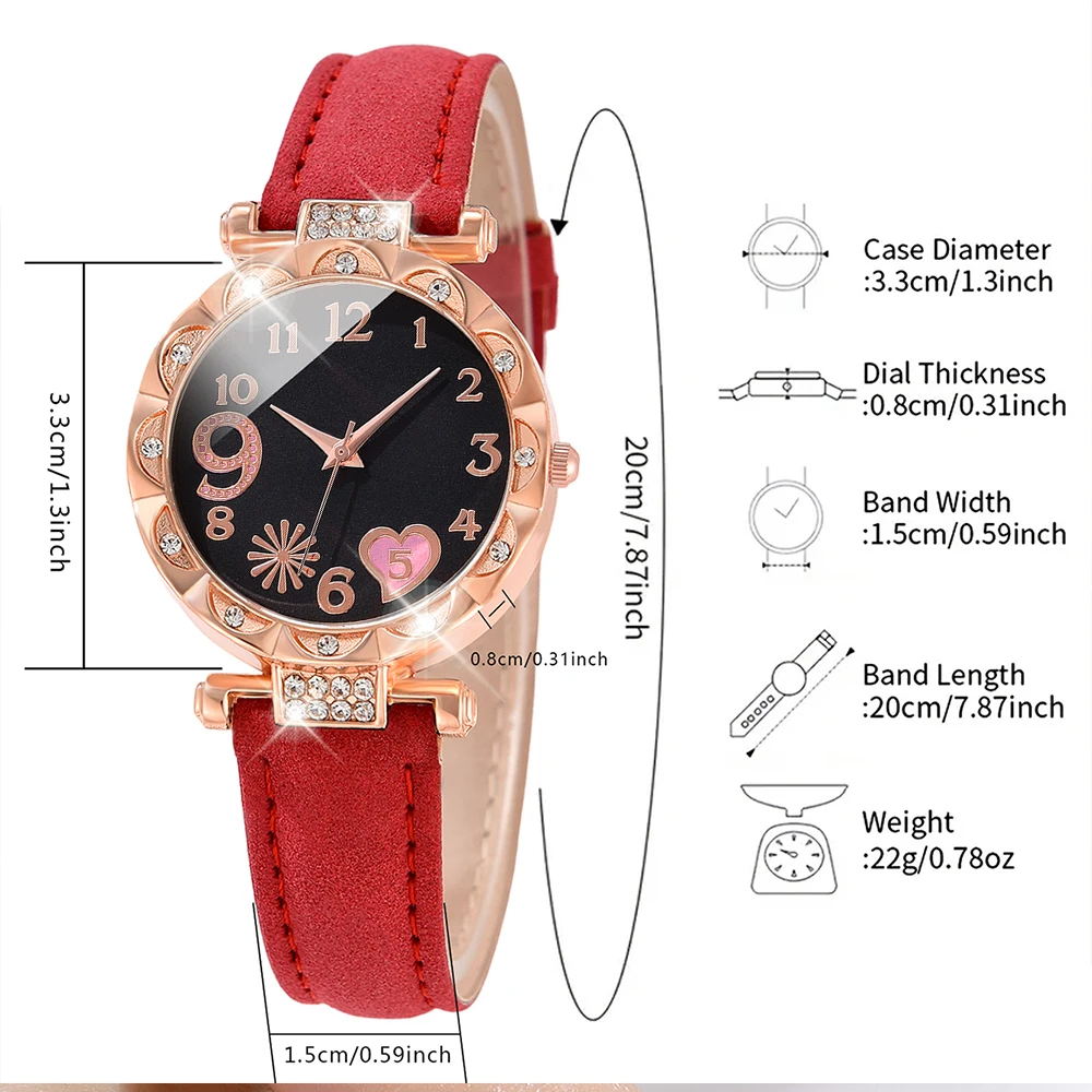 6pcs/Set Red Women Watch Fashionable Minimalist Dial Quartz Wristwatch Alloy Wheat Ear Element Watch Jewelry Set Gift For Her