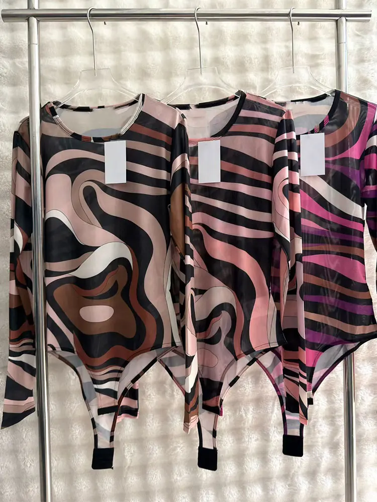 Retro Spring/Summer 2026 New sexy Vortex Printed Gauze Perspective Tight Elastic T-Shirt Jumpsuit Fashion Joker Holiday Blouse.