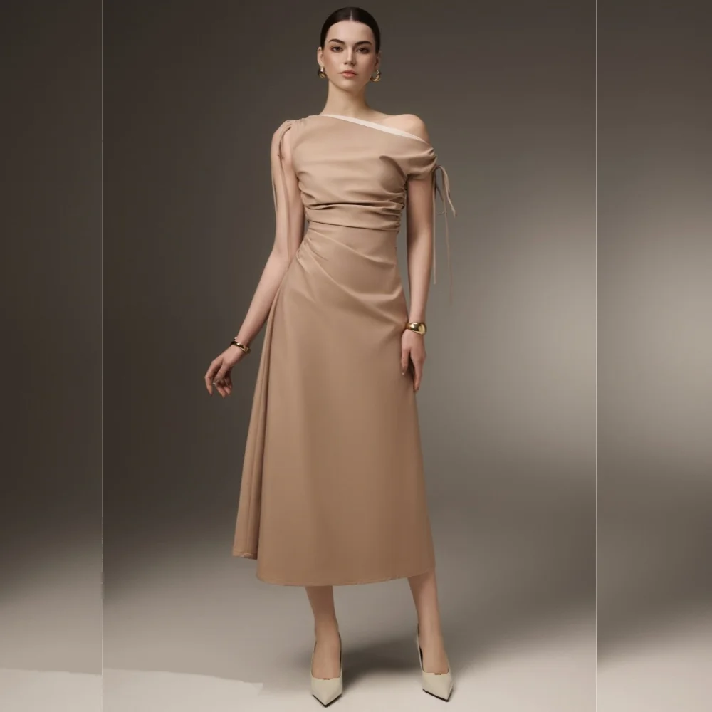

Customized Sizes Available Jersey Pleat A-line Off-the-shoulder Midi Dresses Bespoke Occasion Intricate