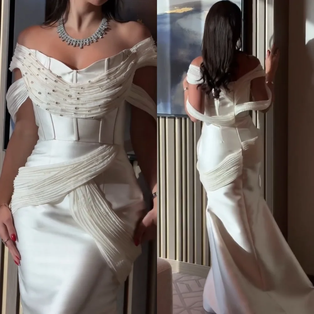 

Customized Intricate Charmeuse Pleat Sequined Mermaid Off-the-shoulder Long Dresses Bespoke Occasion Evening Exquisite