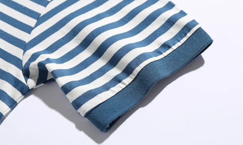 Vintage Summer Men's Collared T-Shirt Retro Chinese National Tide Breton Stripe Casual 100% Cotton Navy Short-Sleeve Polo Shirt - Image 4