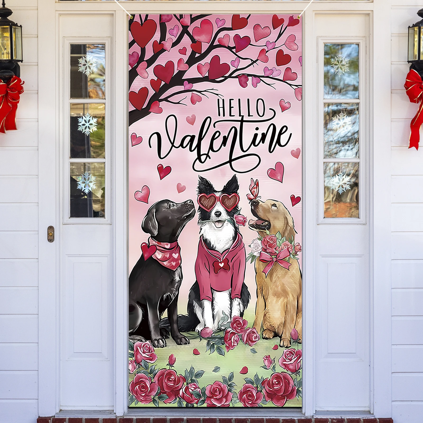 

Привет, День святого Валентина, золотистый ретривер, украшения для дверных крышек для собак, щенок, розовый, красный, сердце любви, дерево, роза, цветок, баннер для передней двери