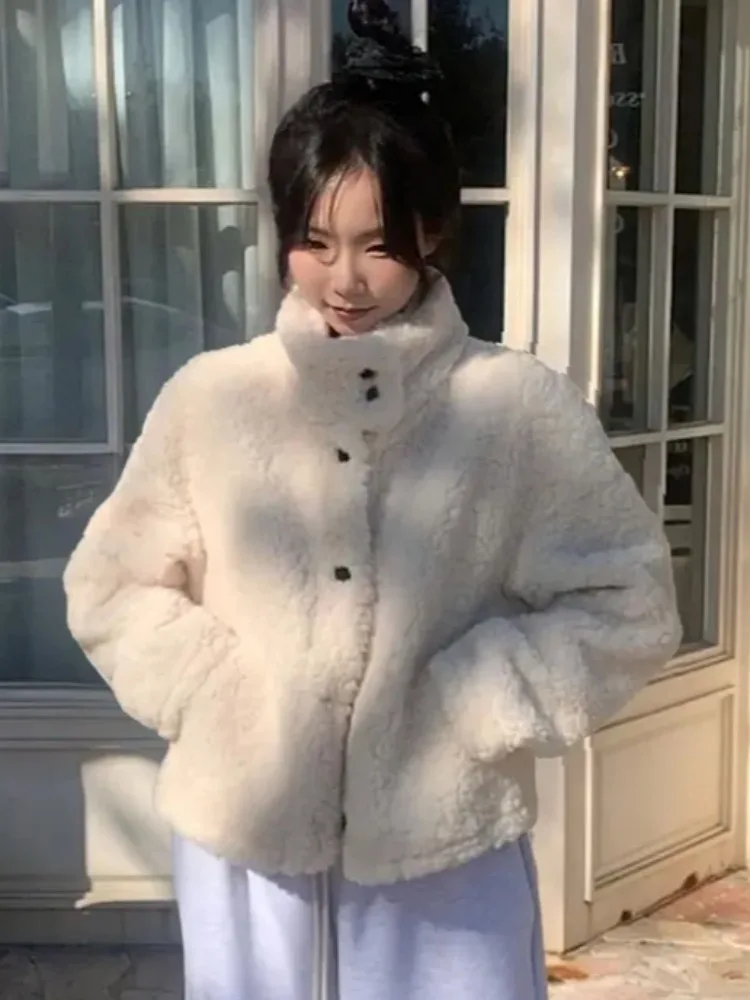 شيك الشتاء Faion ort Thiened معطف فرو الضأن المرأة الوقوف طوق تصميم الإحساس شكل صغير لينة الحليب معطف واق من المطر