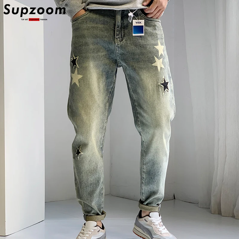 Supzoom 2022 New Arrival Hot Sale Top Fashion Embroidery Stars Denim Zipper Fly Stonewashed Casual Cotton Jeans Men