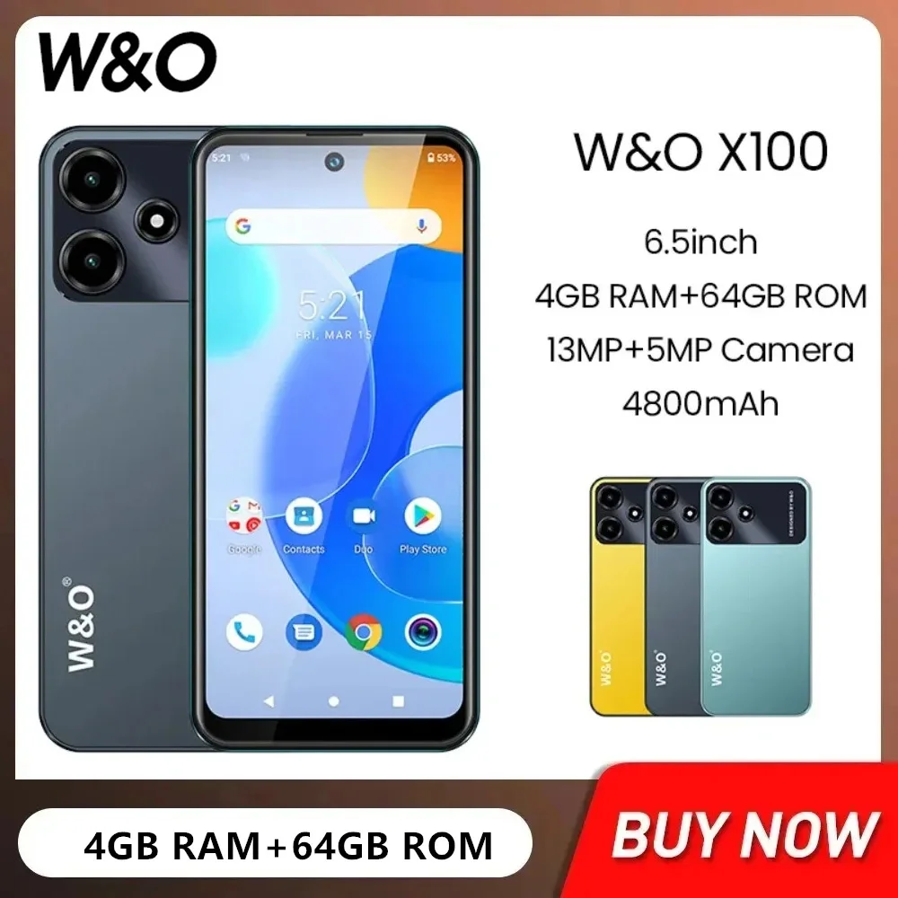 W & O-Smartphones X100 Ultra-Mince 4G, téléphone portable, appareil photo 13MP, écran HD + 6.528 pouces, Android 10, batterie 4800mAh, façades Core 4 Go + 64 Go