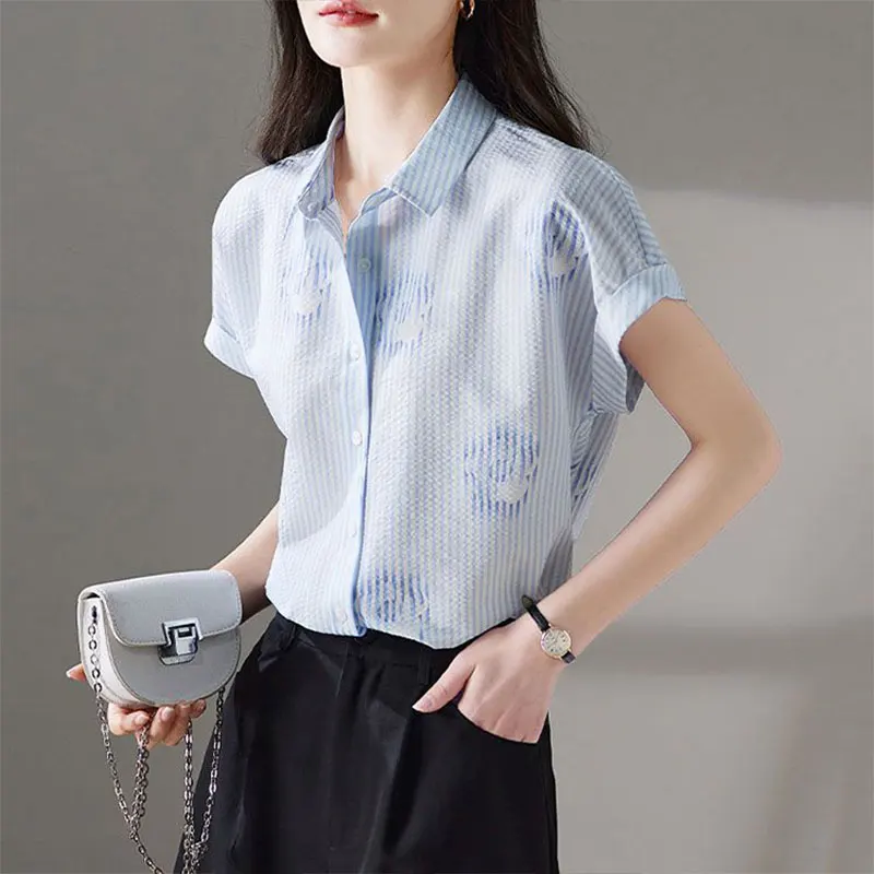 Elegant Fashion Harajuku Slim Fit Women\'s Clothing Loose Casual All Match Tops Women Stripe Printed Button Short Sleeve Blusa