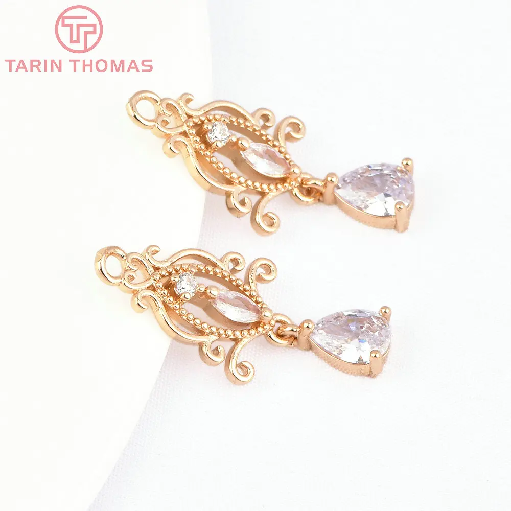 (7779) 6PCS 11.5x27MM 24K Gold Color Brass with Zircon Auspicious Knot Charms Pendants High Quality DIY Jewelry Findings