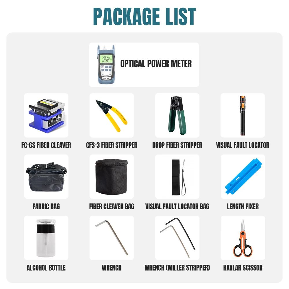 AMPCOM FTTH Fiber Optic Tool Kit with Fiber Cleaver FC-6S Visual Fault Locator Optical Power Meter Fiber Stripping Tool