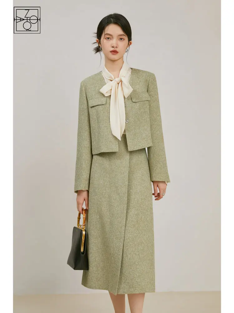 ZIQIAO Temperament Women Spring Blazer Suit French Style Retro V-Neck Short Jackets Long Commuter Women Irregular Long Skirts