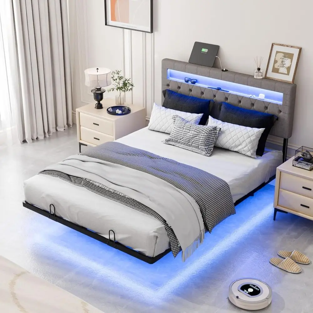 

Кровать VINGLI размера Full с зарядной станцией, металлическая кровать с LED-подсветкой, простая сборка, не требует пружинного блока, регулируемая.