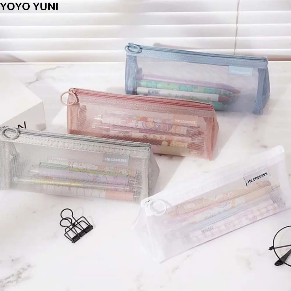 

Fashion Nylon Mesh Pencil Case Triangle Large Capacity Transparent Bills Bag Storage Bag Retro Color Zipper Stationery Bag Lady