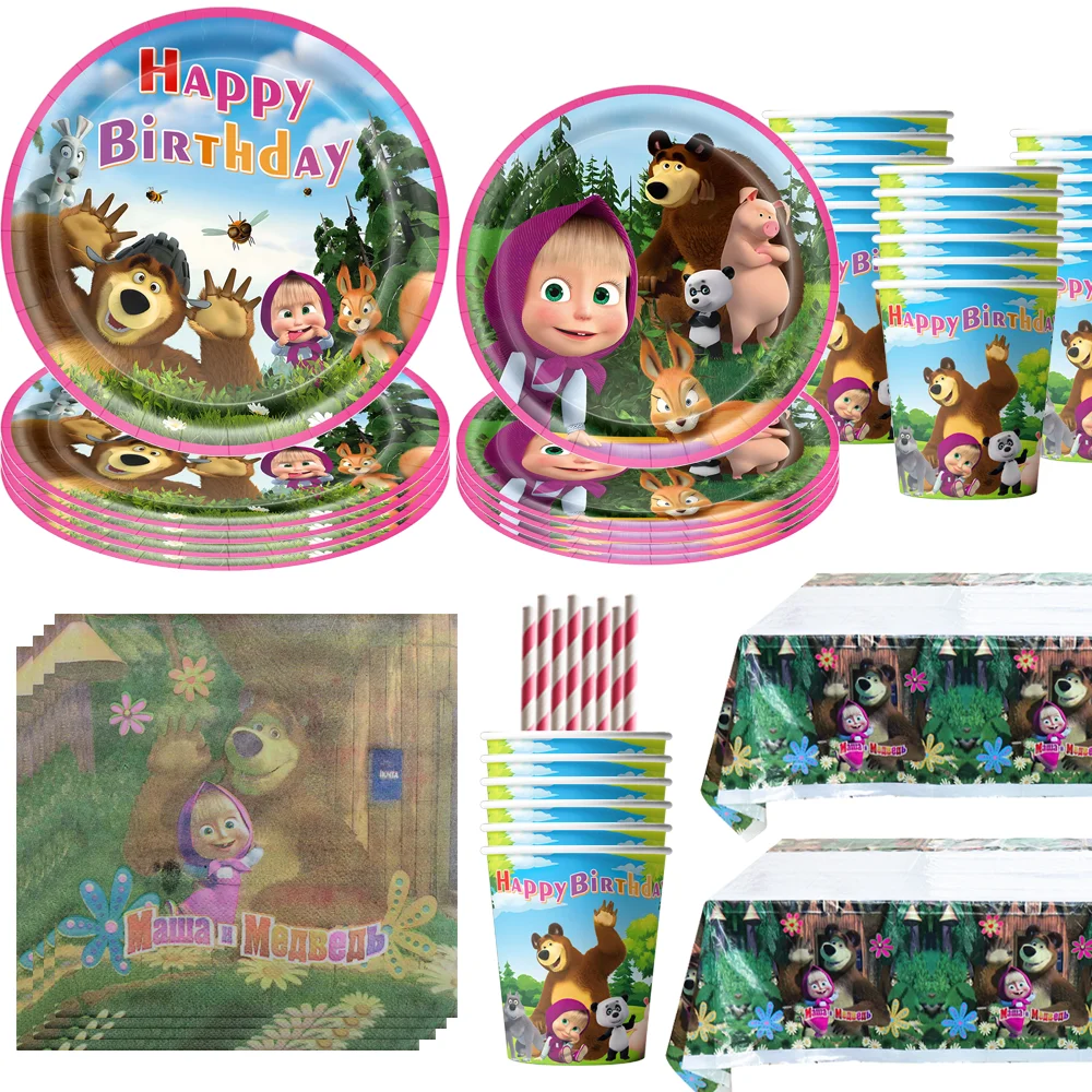 Cartoon-Mädchen und Bär Geburtstagsparty-Dekorationsset Tischdecke Becher Luftballons Tortendekoration Baby-Shower-Partyzubehör