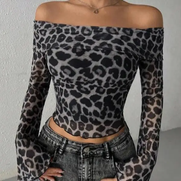 

Ele Faionable Мужская одежда irt с леопардовым принтом oulder Bared Women's Sle Waist-Cinching ort Sve Collar Inner Wear