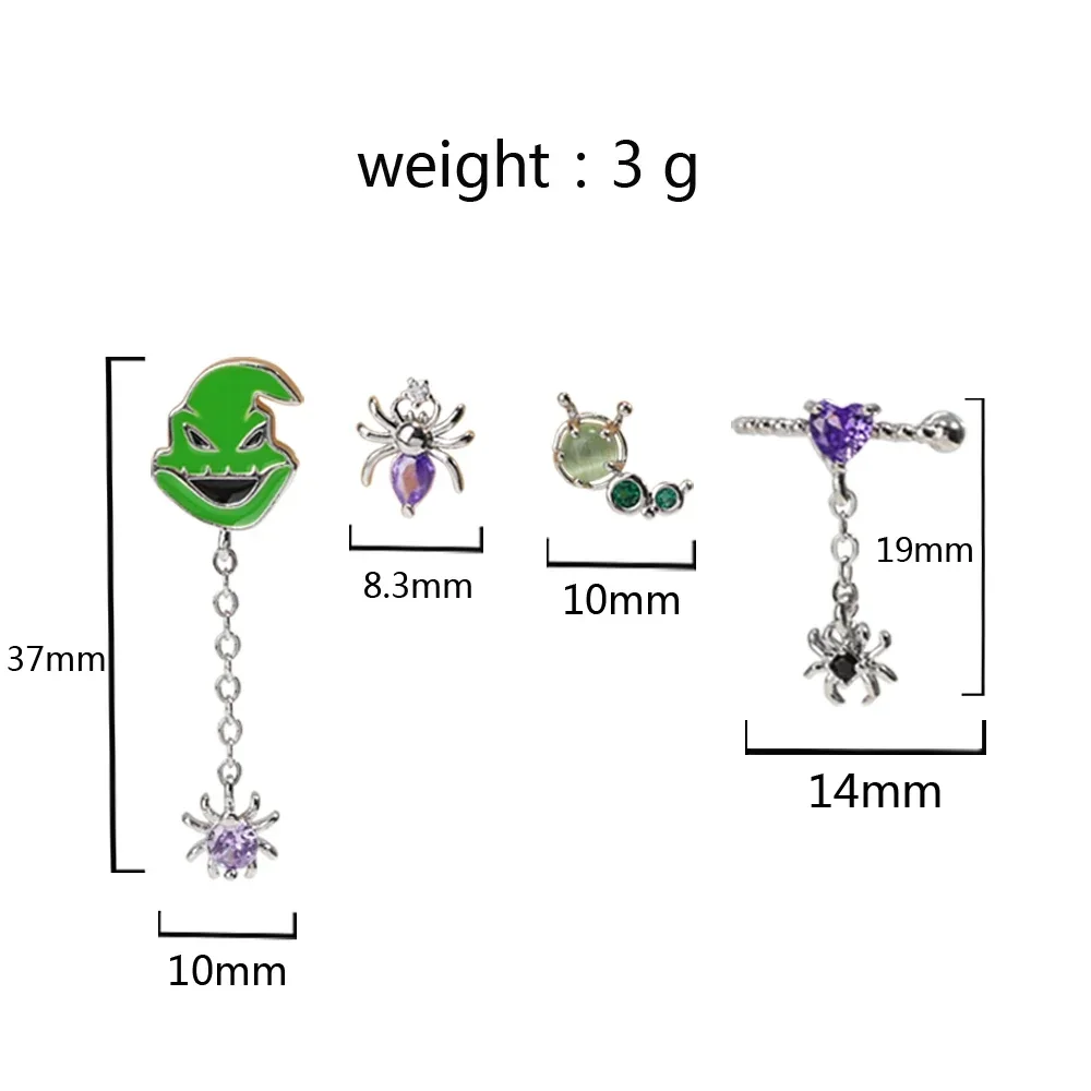 New Ins Punk Fashion Zircon Funny Cute Enamel Green Spider Ghost Cartoon Stud Earrings for Women Girls Party Jewelry Gifts view 6