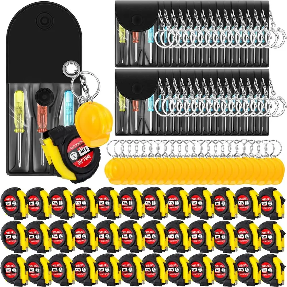 

144 Pcs Mini Construction Helmet Keychains Tape Measure Screwdriver Bulk Valentine's Day Gifts for Men Adult Tool Party Gifts