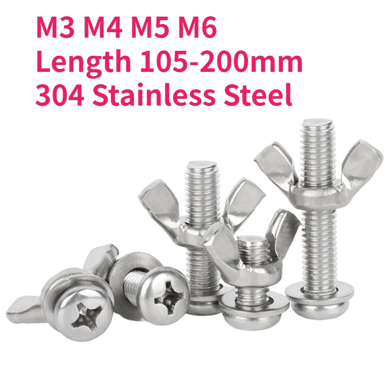 M3 M4 M5 M6 304 Stainless Steel Cross Phillips Round Head Screw With Wing Butterfly Nut Washer Combination Length 105-200mm