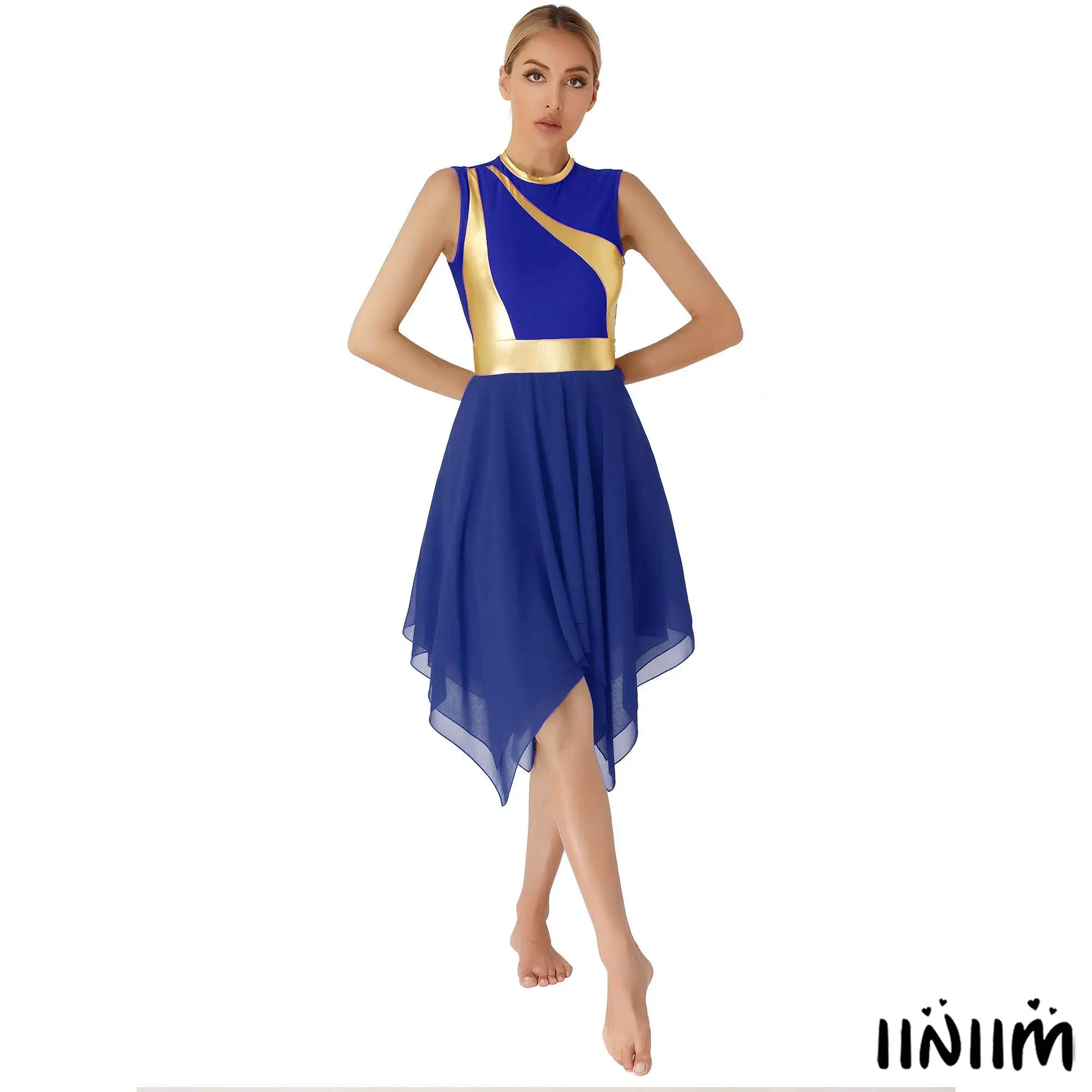 

Elegant Sleeveless Lyrical Dance Dress Sleeveless Metallic Waist Patchwork Asymmetrical Hem Chiffon Fabric for Modern Dance