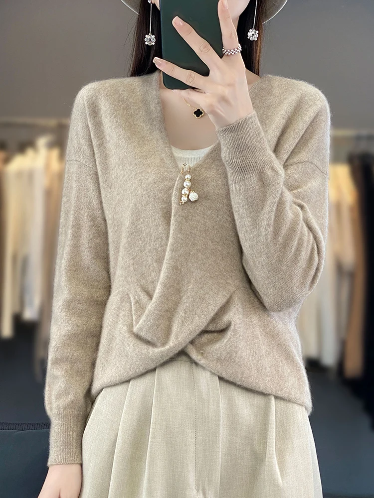 100% Merino Wool Sweater New Women V-neck Cross Collar Pullover Spring Autumn Office Lady Clothing Long Sleeve Knitwear Tops