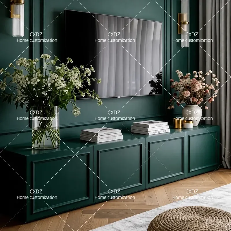 Dark Green Solid Wood TV Cabinet Retro Style Living Room Floor Side Cabinet Simple Storage Locker for Home Decor