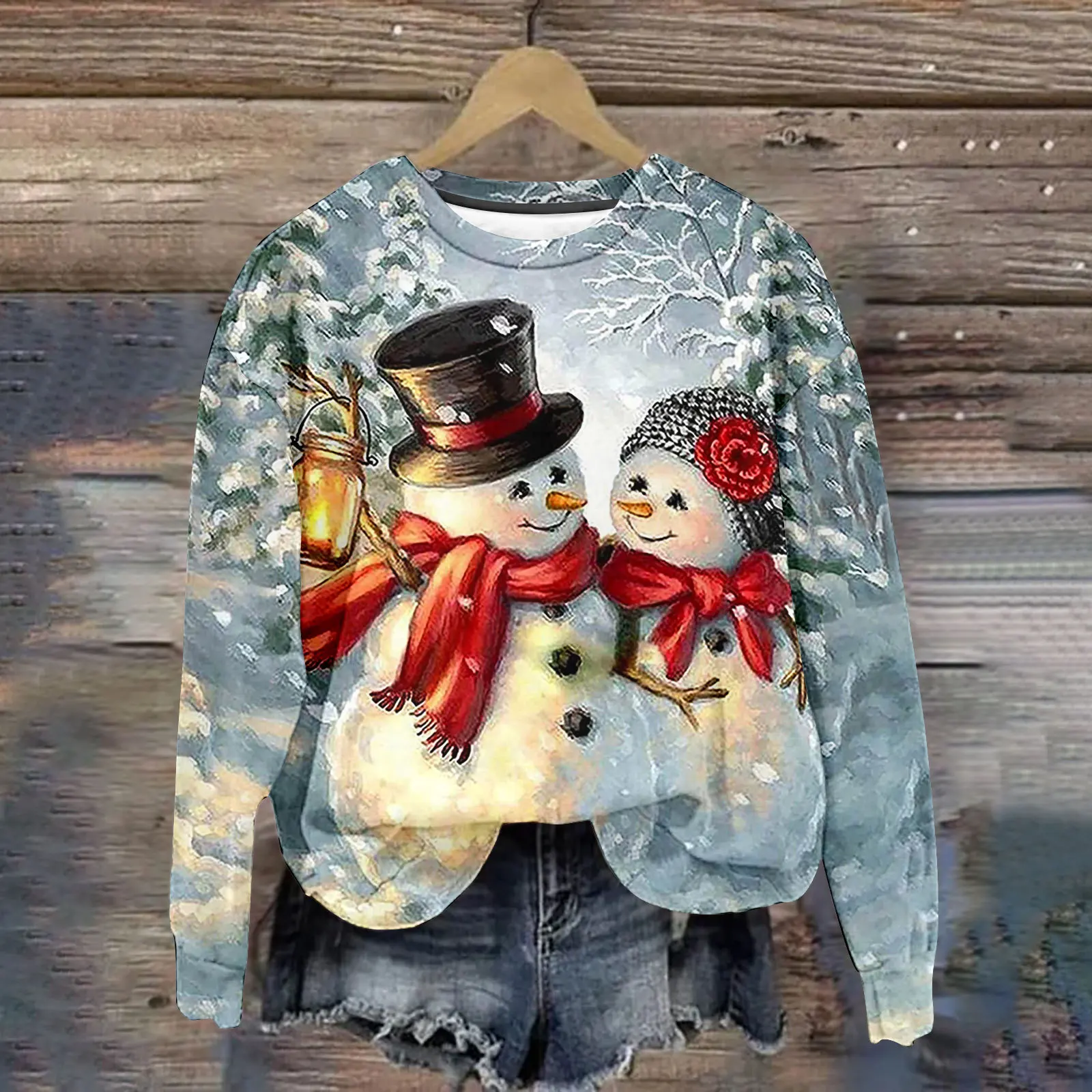 Women\'s Long Sleeve Christmas Sweater, 3D Snowmen Print Sweatshirts, Oversized T-Shirt, Fashion Design Apparel, New