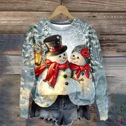 Women's Long Sleeve Christmas Sweater, 3D Snowmen Print Sweatshirts, Oversized T-Shirt, Fashion Design Apparel, New