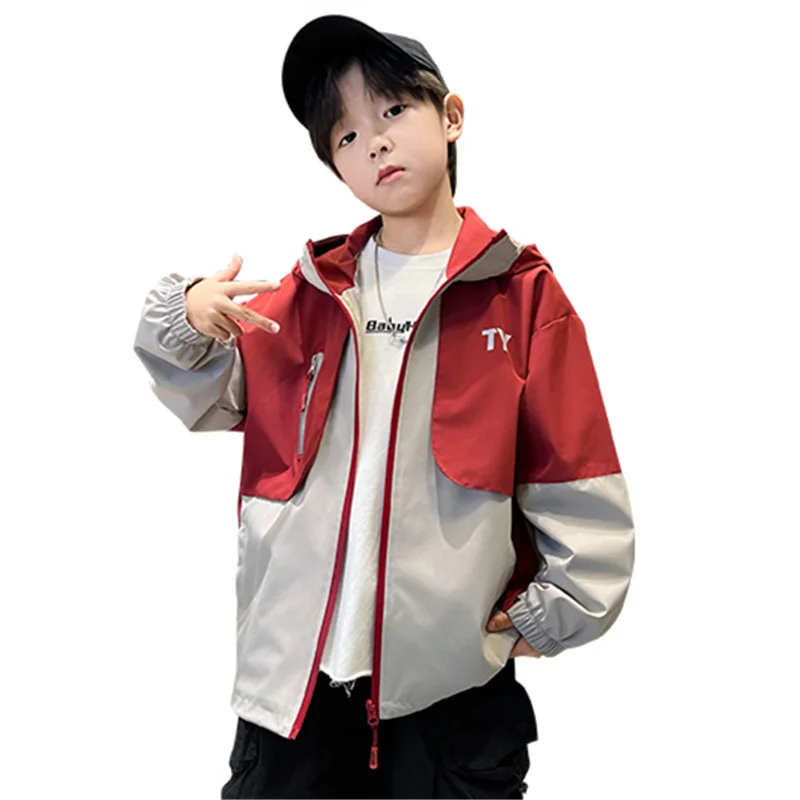 

New Spring Children Patchwork Trench Coat for Boy Fashion Hooded Overcoat Jacket Teenager Kids Casual Outerwear 5 7 9 11 13 14Y