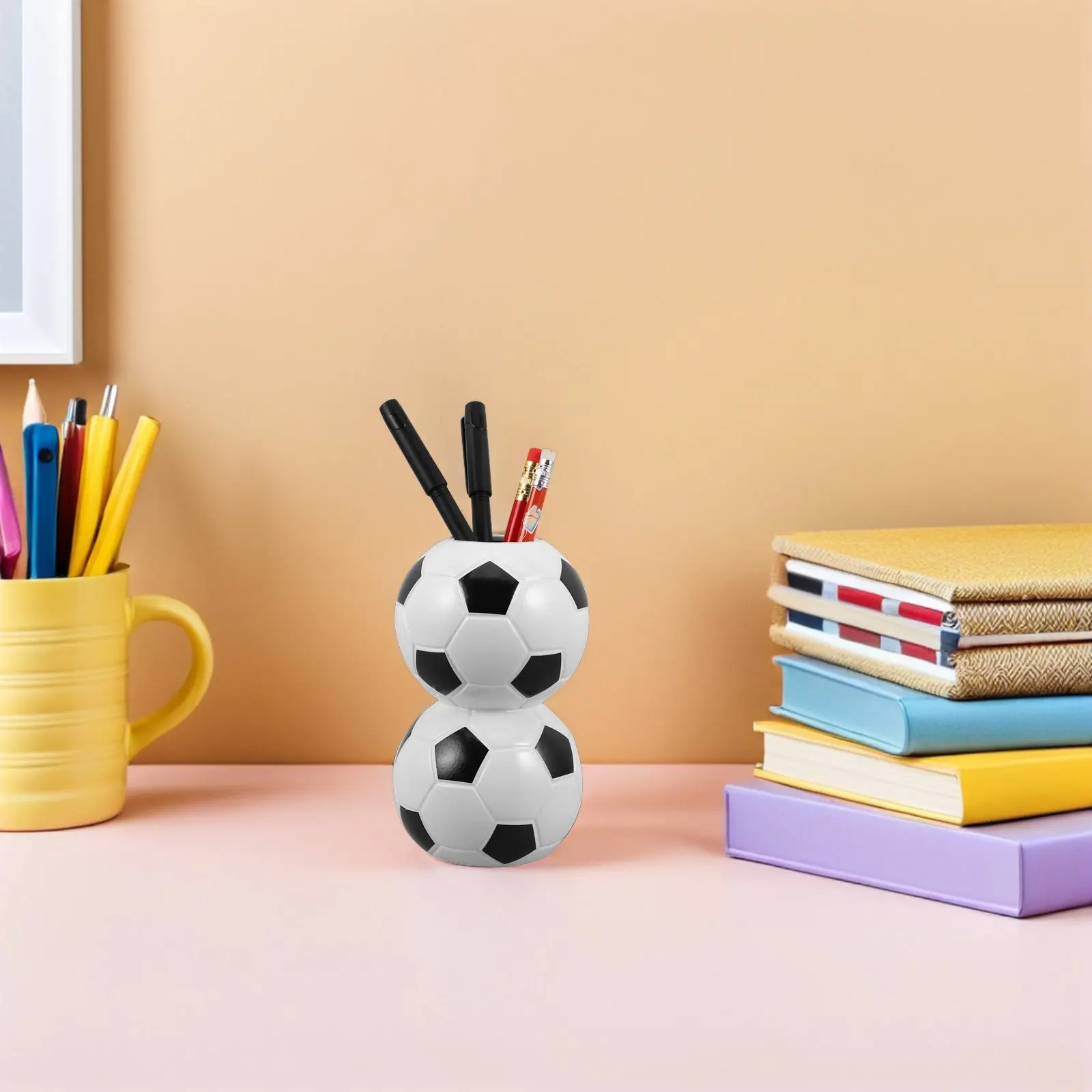Soccer Ball Pen Holder Ceramic Pencil Cup Multifunctional Football Desk Organizer Sports Pencil Stand School Desktop Decor