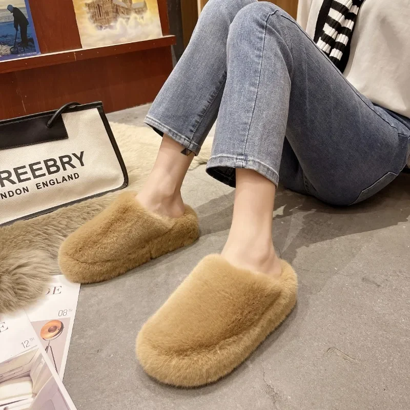 Mid Heel Solid Pull on Modern Slippers Winter Outside 2024 High Quality Women's Shoes Shallow Novelty Cow Suede Women's Slippers