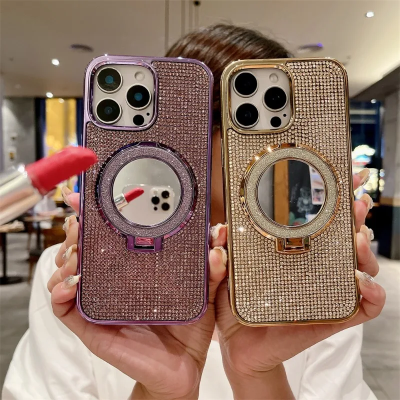 Luxury Glitter Diamond Mirror Plating Bracket Phone Case For iPhone 11 12 13 14 15 16 Pro Max Plus Shockproof Protective Cover