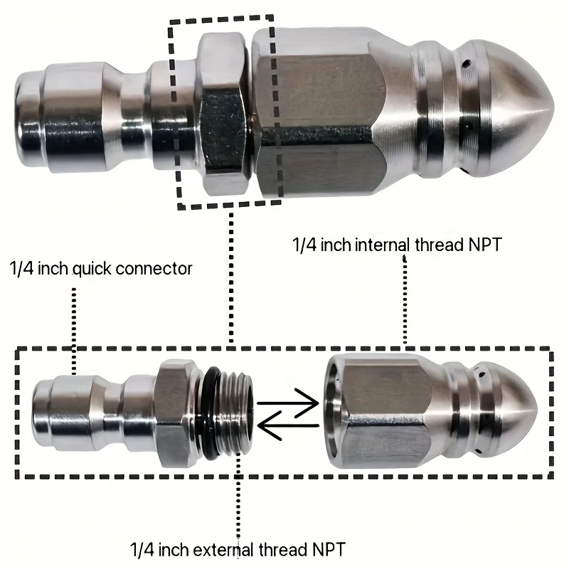Water Jet High Pressure Sprayer Nozzle Clean Sewer 1/4" Stainless Steel Pressure Washer Quick Plug Drain Hose Nozzle Tool Water - view 6