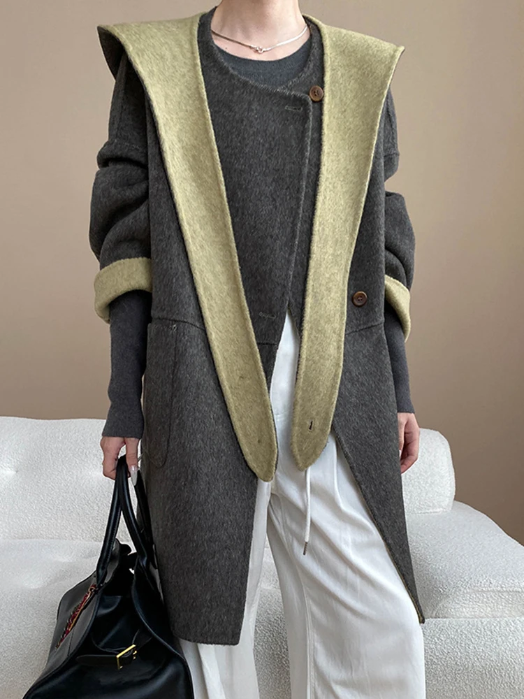 YERMORA invierno nuevo gris Detachable capucha diseño abrigo de lana para mujeres cuello redondo manga larga suelta nuevo abrigo moda marea otoño