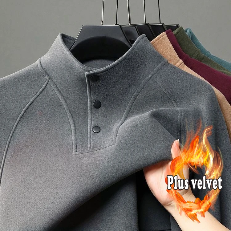 Double-sided German Velvet Stand-up Neck Long-sleeved T-shirt Thermal Top Versatile Pullover Semi-turtleneck Button-up Sweater