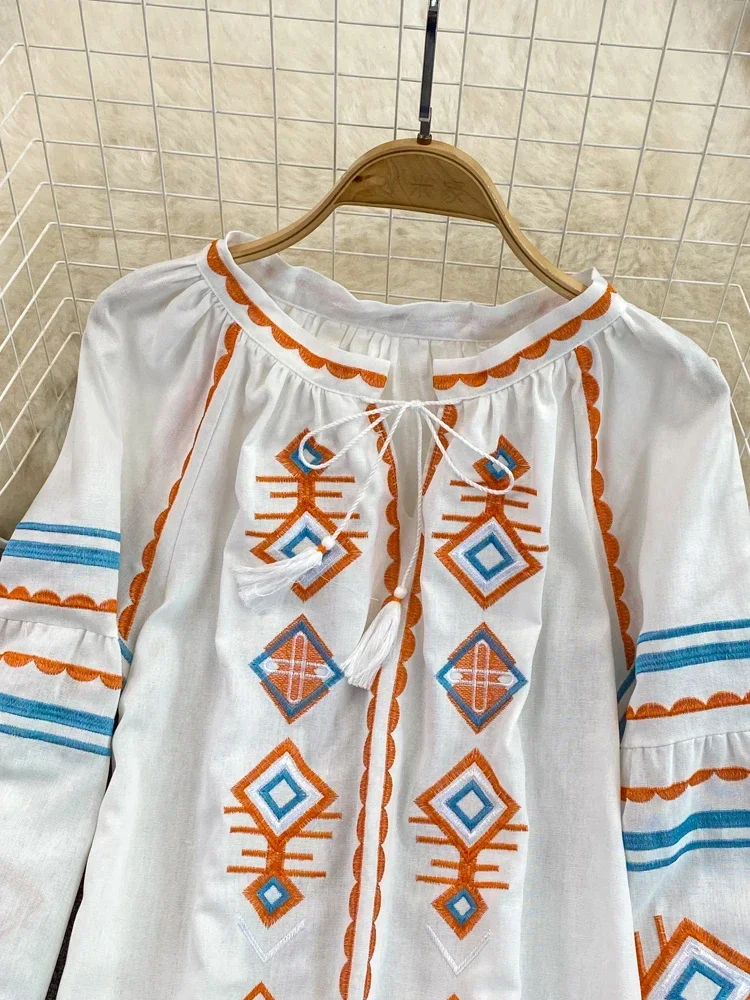 New Women Spring Autumn Blous Retro Loose Ethnic Style Embroidery Thin Lantern Sleeve Doll Top Female Pullover Shirt D3061