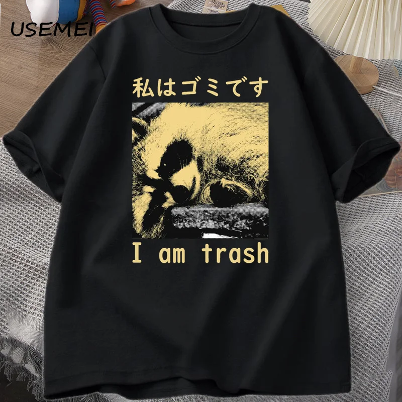 I Am Trash Japanese Raccoon Print Tshirt Harajuku Vintage High Quality Cotton Short Sleeve T-shirt Men\'s Clothing Top Streetwear