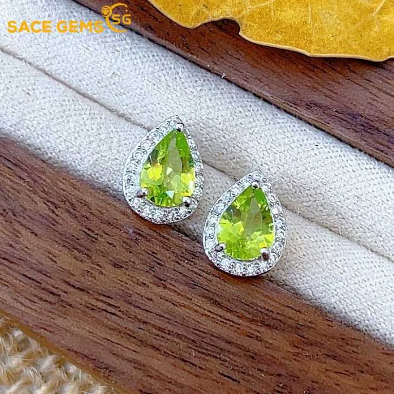 

SACE GEMS Fashion Jewelry Earrings for Women 925 Sterling Silver 5*7MM Natual Peridot Stud Earrings Wedding Party Fine Jewelry