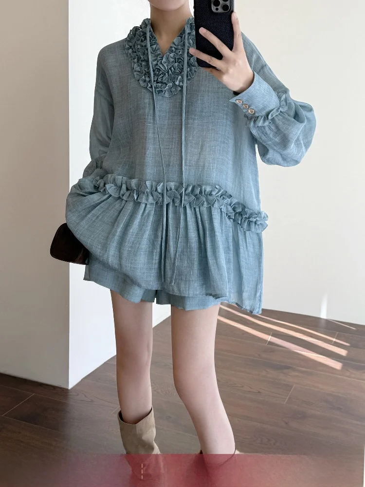 

Комплект Tasyavan Encounter: Льняная плиссированная рубашка свободного кроя и шорты, женский летний модный наряд с круглым вырезом, длинный рукав