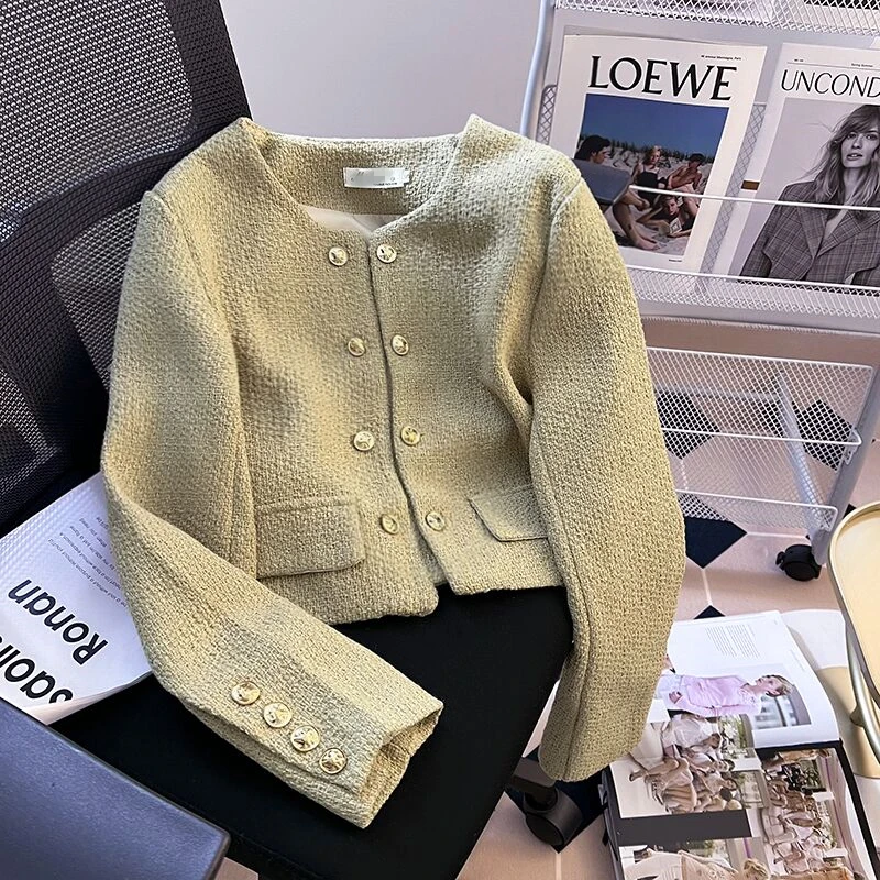 

Women Tweed Jacket Luxury 2023 Fall Short Coat Korean Round Neck Long Sleeve Double Breasted Cropped Jacket Khaki Tweed Jacket