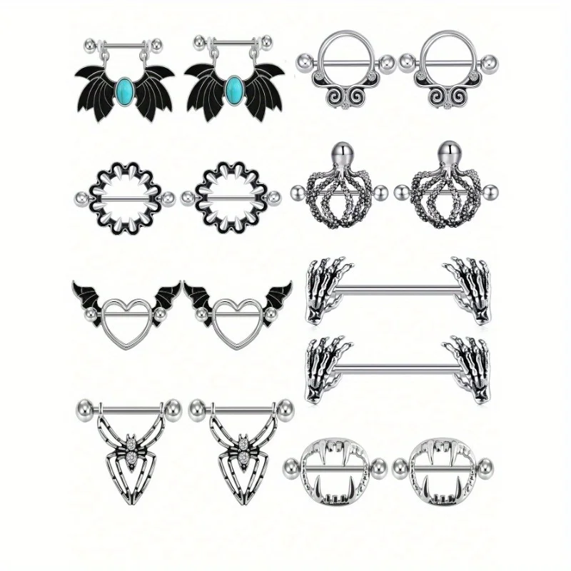 2pcs Halloween Elements Nipple Ring Nipple Piercing Jewellery Skeleton Hand Spider Heart Bat Wings Tight Spell Teeth Octopus