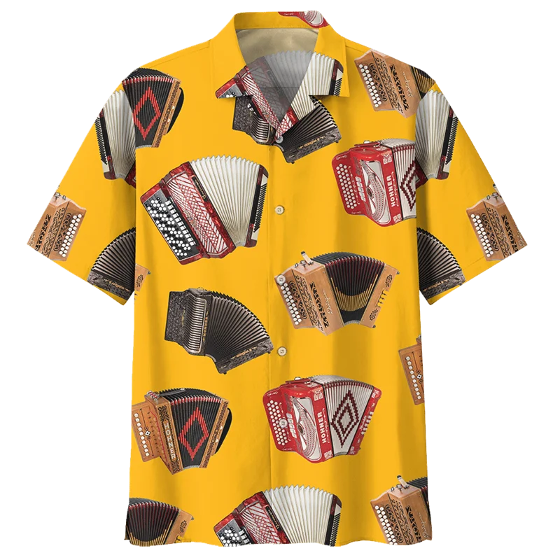 Fashion Art Accordion Pattern Shirt Men 3D Printed Musical Instruments Blouse Loose Lapel Short Sleeve Button Hawaiian Shirts