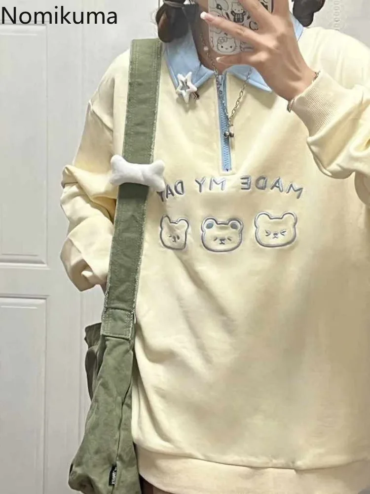 Japanese Hoodie Women Clothing Half Zipper Long Sleeve Y2k Tops 2024 Ropa Mujer Casual Fashion Cartoon Embroidery Sweatshirts