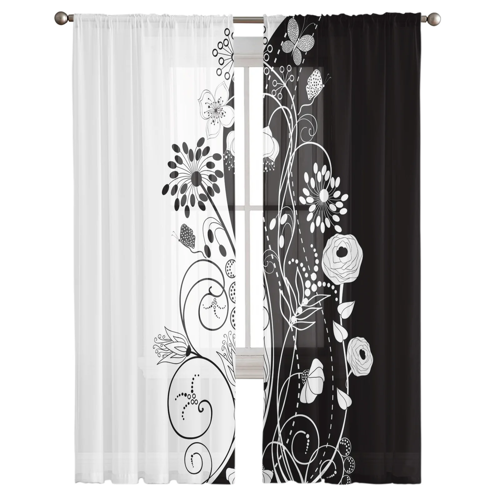 Black And White Flower Pattern Tulle Curtains for Living Room Bedroom Decoration Transparent Chiffon Sheer Voile Window Curtain