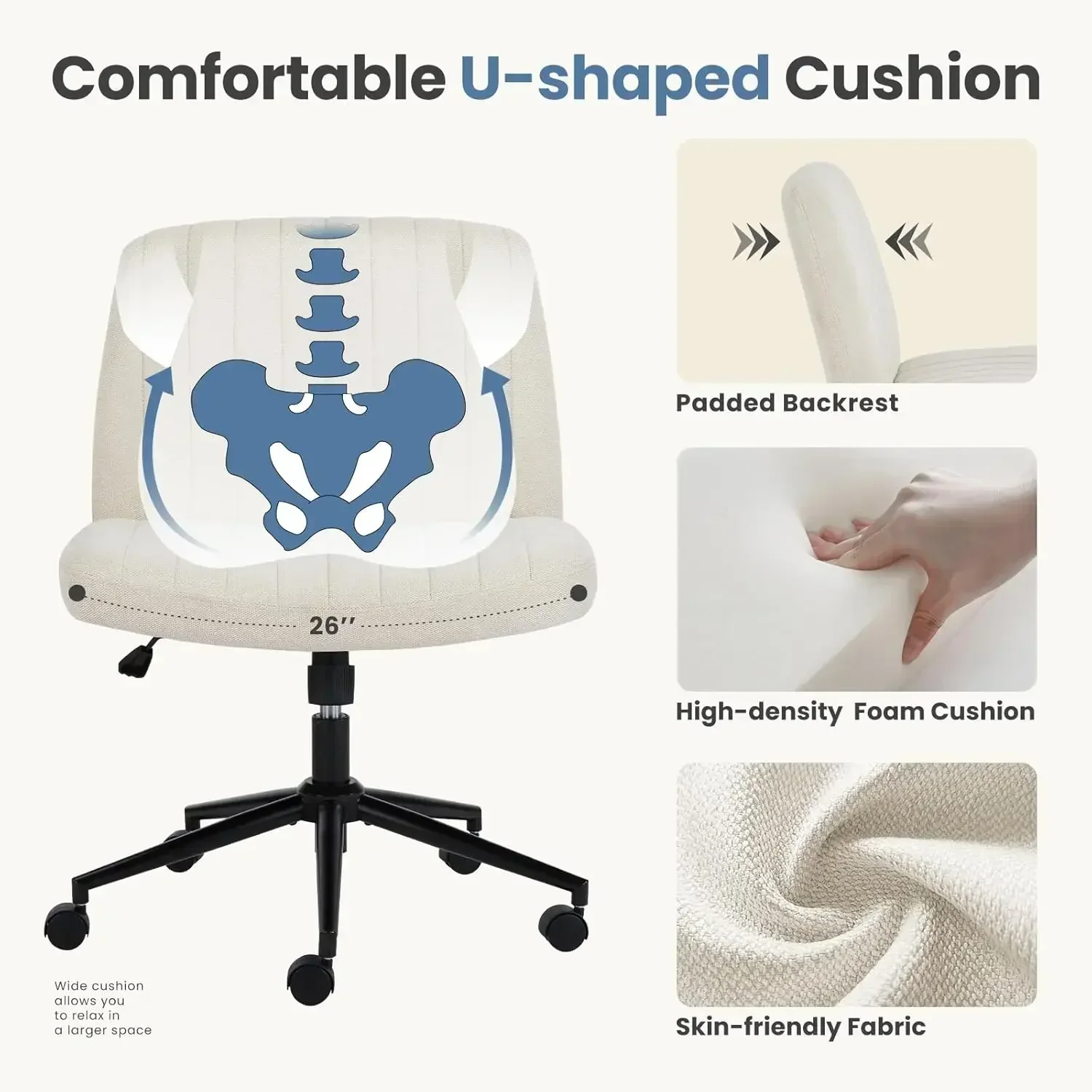 

BestsellerBestsellerCriss Wheels Cross Legged Armless Wide Dual-Purpose Base, Adjustable Swivel Fabric Task Vanity Home Office D