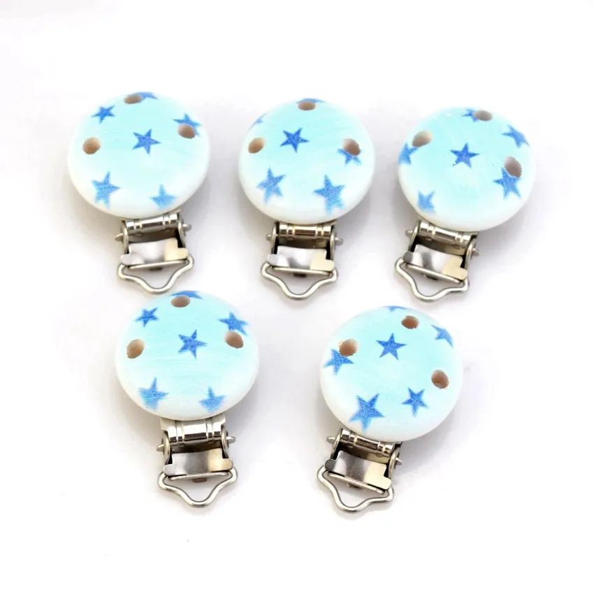 5PCs Blue boy Color Baby Pacifier Clips Wood Metal Holders Cute Infant Soother Clasps Funny Accessories 4.8x2.9cm