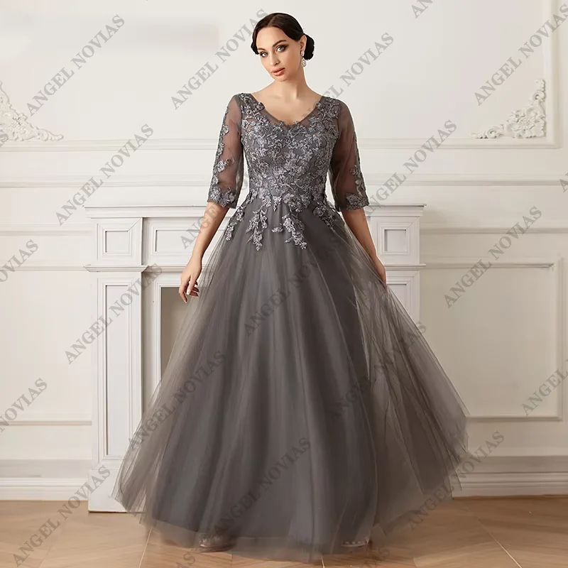 

Long A Line Grey Mother of the Bride Dress with Half Sleeves Wedding Party Dress Robe Pour Ceremonie De Mariage 77086