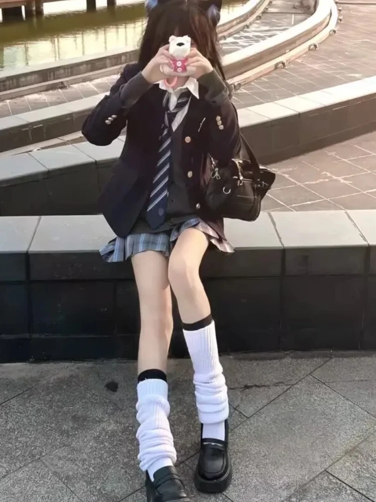 الكورية كلية نمط الإناث JK الحلو منقوشة الراقية البدلة سترة قاعدة قميص عالية الخصر منقوشة مطوي تنورة ثلاث قطع مجموعة