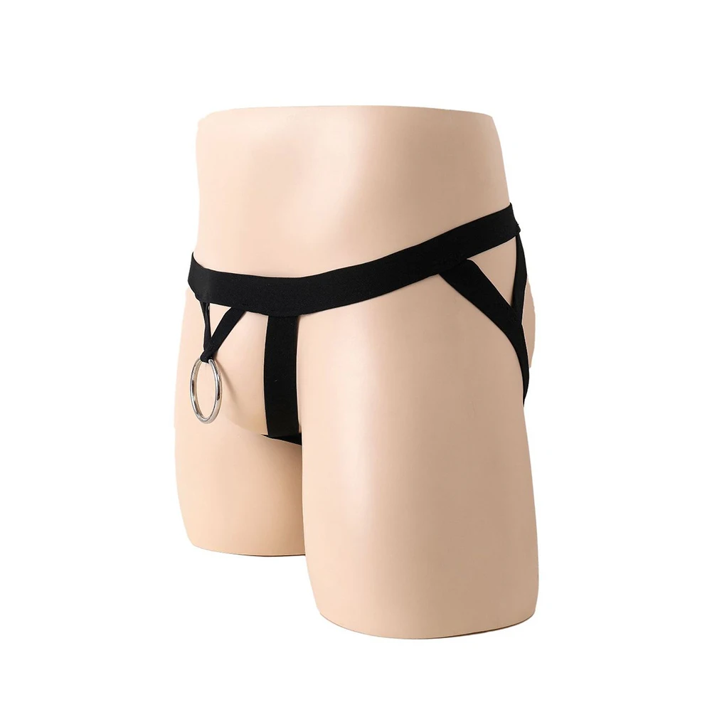 Męskie czarno-białe stringi, bielizna męska, bezkroczne, z pierścieniem na penisa, majtki typu stringi z otworem na O-ring, egzotyczne majtki.