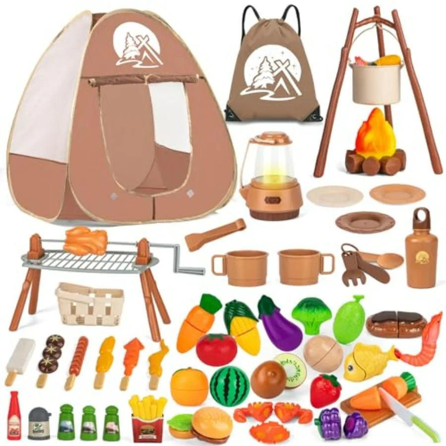 

80PCS Camping Toys Set with Play Tent Campfire Toys, Toy BBQ Grill Set, Pretend Cutting Play Food Set for Kid Kitchen, Indoor O